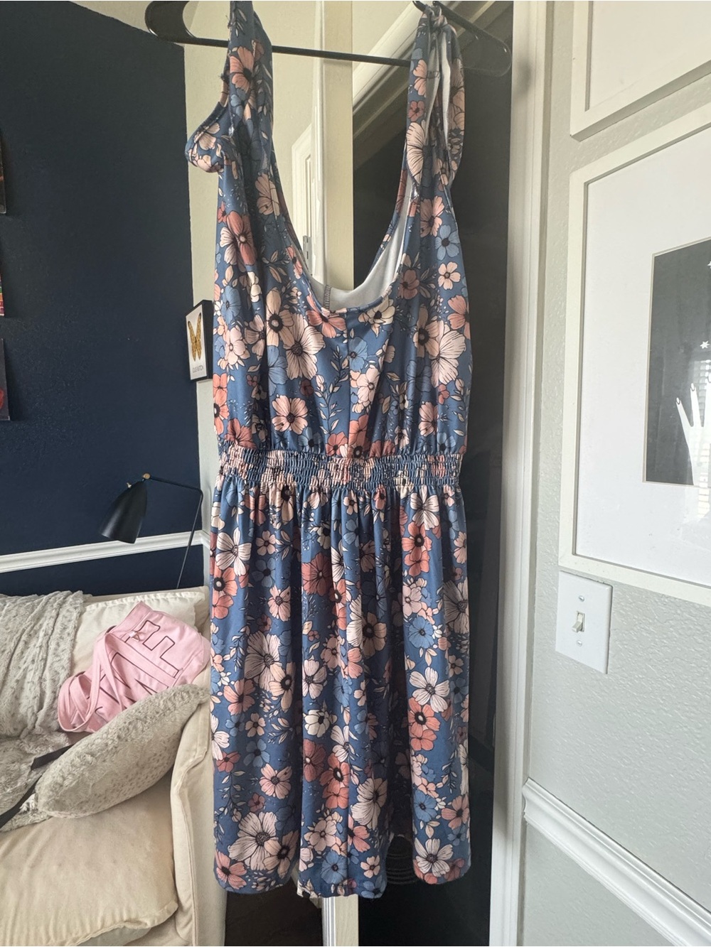 Blue Floral Sundress with Pink and Cream Flowers